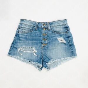 Vintage GUESS Jeans High Waist Button Fly Distressed Denim Blue Jeans Shorts